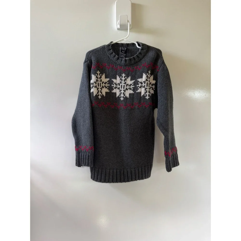 Gap Kids Fair Isle Sweater Gray Cotton Snowflake Knit Pullover Youth XS 4 Y2K